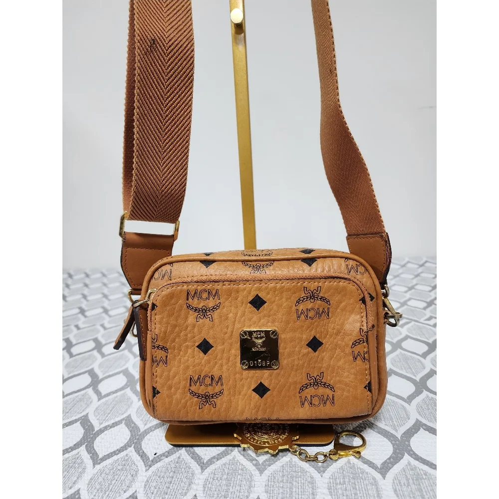 MCM Visetos Mini Leather Aren Crossbody Bag Brown